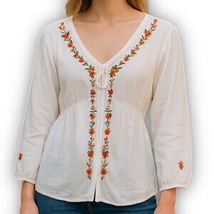 Faded Glory Peasant Blouse Cream Cotton Embroidered Floral XL
